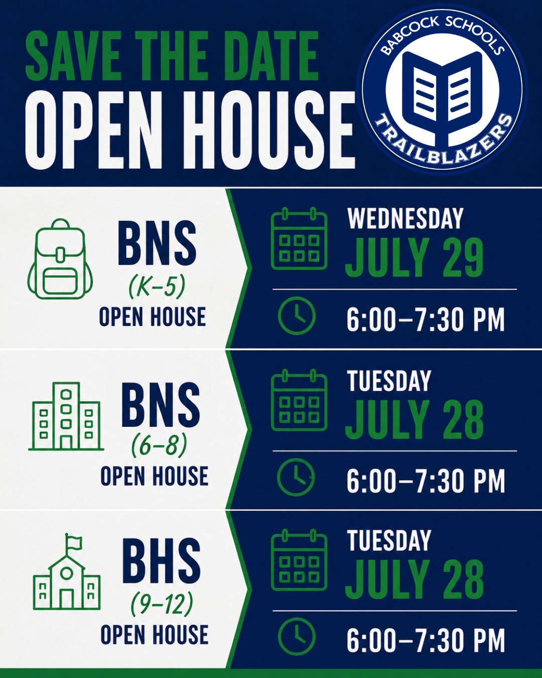 BNS BHS Babcock Schools Open House 2026-2027 Save the Date